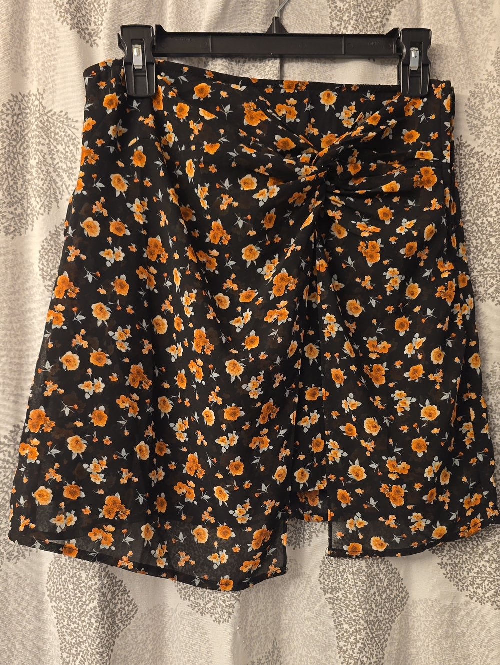 Blue Rain Black Twist Front Skirt with Orange Floral Print- NwoT